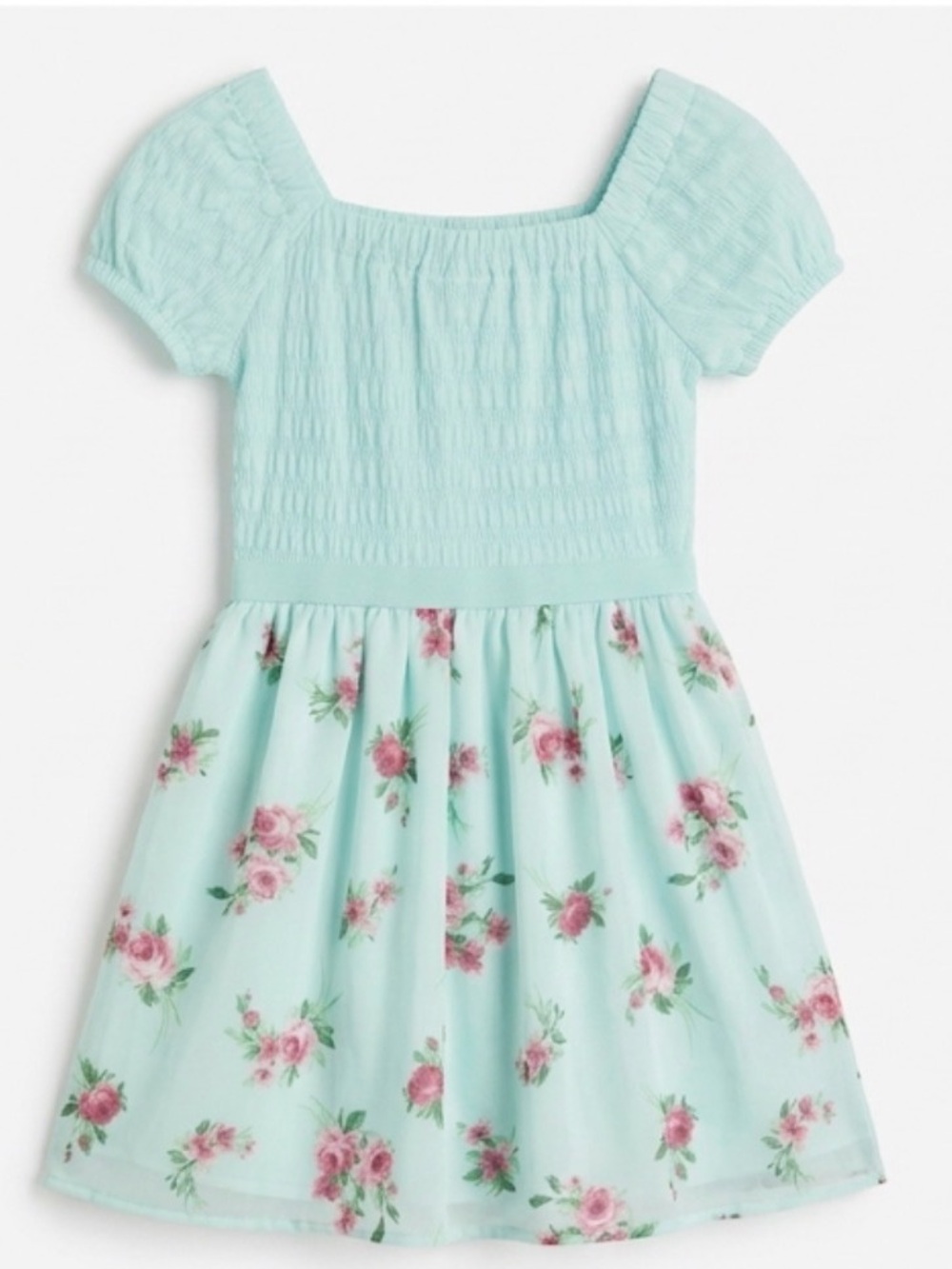 Place Mint Floral Smocked Square-Neck Dress